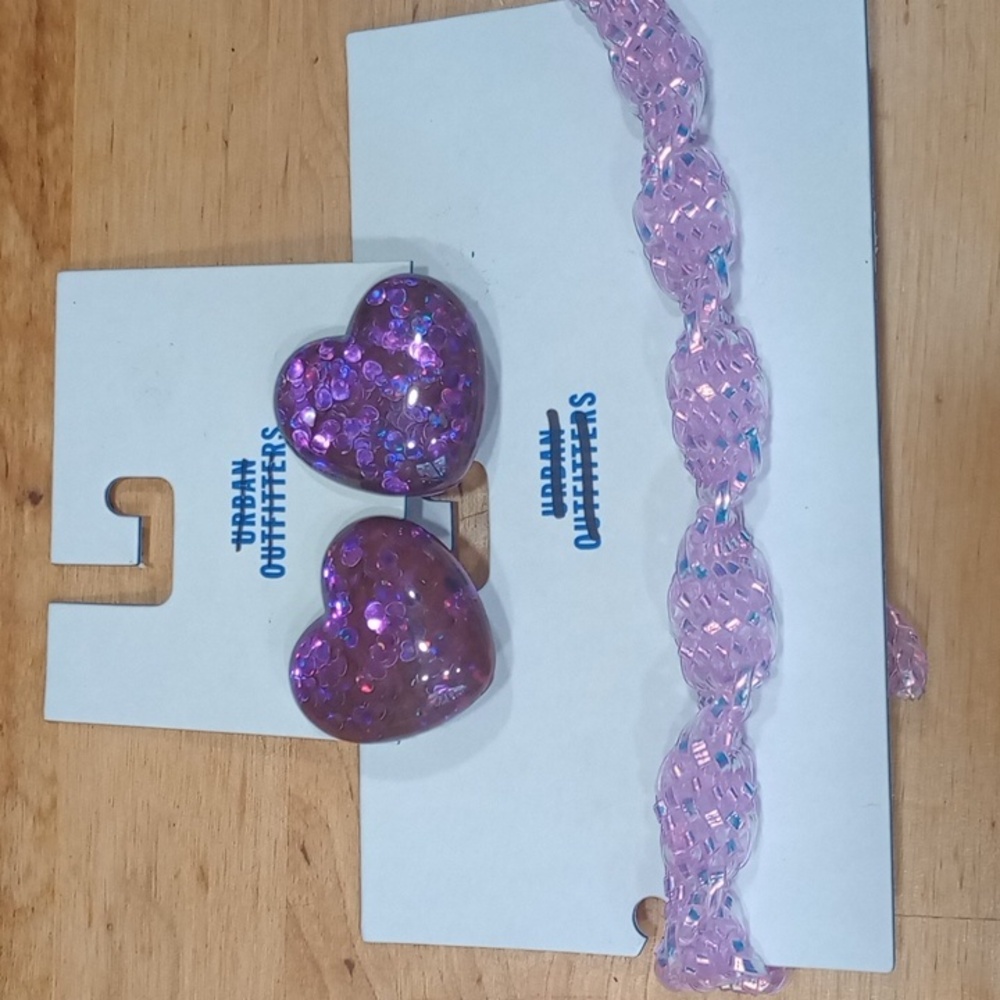 New Urban Outfitters Glittery Purple Hearts Earrings & Twist Woven Choker